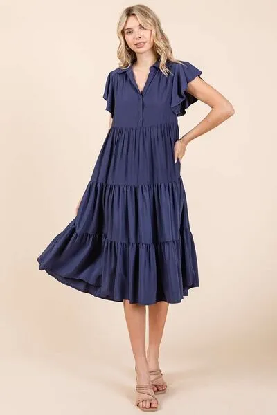 Dark Navy Ruffle Sleeve Collared V Neck Tiered Midi Dress