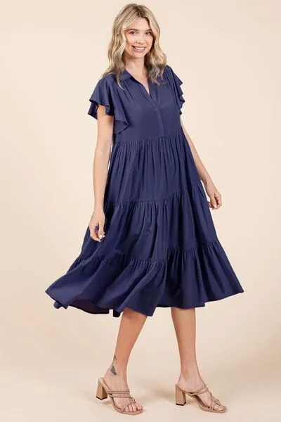 Dark Navy Ruffle Sleeve Collared V Neck Tiered Midi Dress