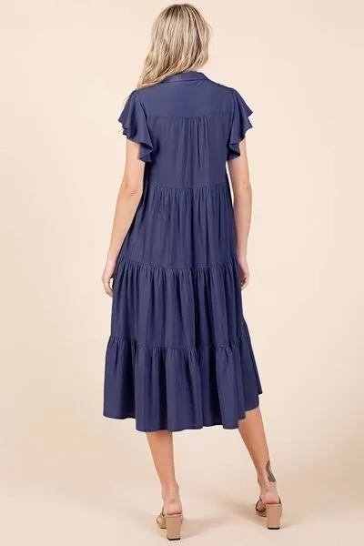 Dark Navy Ruffle Sleeve Collared V Neck Tiered Midi Dress