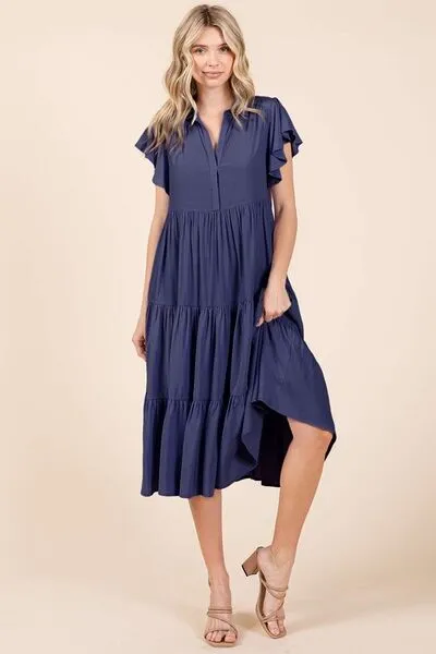 Dark Navy Ruffle Sleeve Collared V Neck Tiered Midi Dress