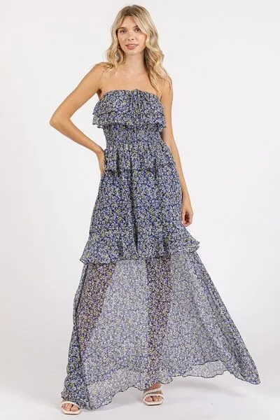 Dark Navy Ruffled Smocked Floral Halter Neck Maxi Dress