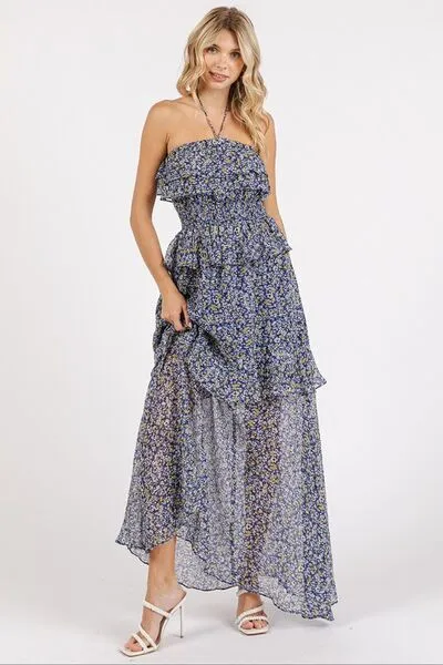 Dark Navy Ruffled Smocked Floral Halter Neck Maxi Dress
