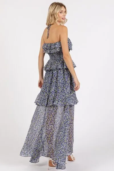 Dark Navy Ruffled Smocked Floral Halter Neck Maxi Dress