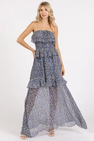Dark Navy Ruffled Smocked Floral Halter Neck Maxi Dress
