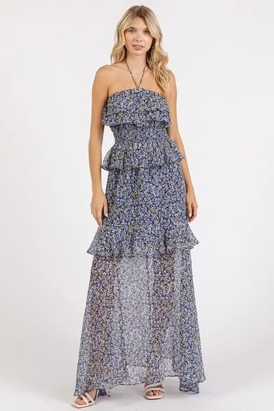 Dark Navy Ruffled Smocked Floral Halter Neck Maxi Dress