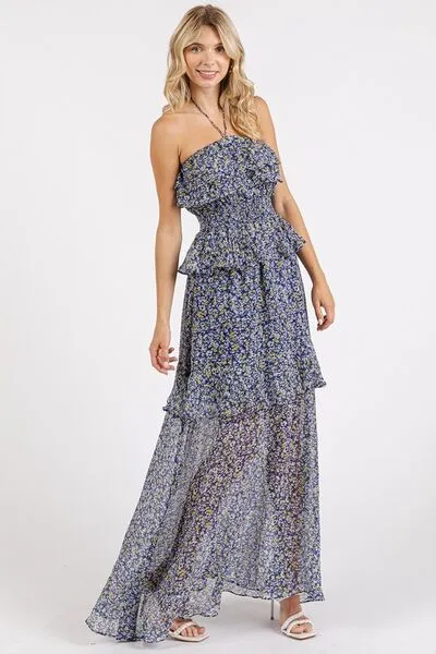Dark Navy Ruffled Smocked Floral Halter Neck Maxi Dress