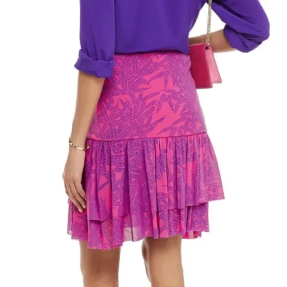 Diane von Furstenberg Pink Paloma Wrap Effect Ruffled Printed Mesh Mini Skirt XS