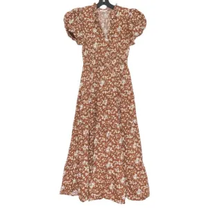 Dress Boho Cottage Coastal Grandma Romantic Retro Midi Tiered Floral Brown Small