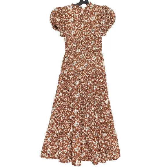 Dress Boho Cottage Coastal Grandma Romantic Retro Midi Tiered Floral Brown Small