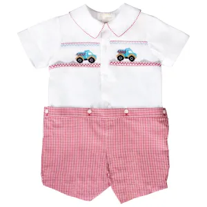 Dump Trucks Wht/Red Gingham Smocked Button-On Short Set