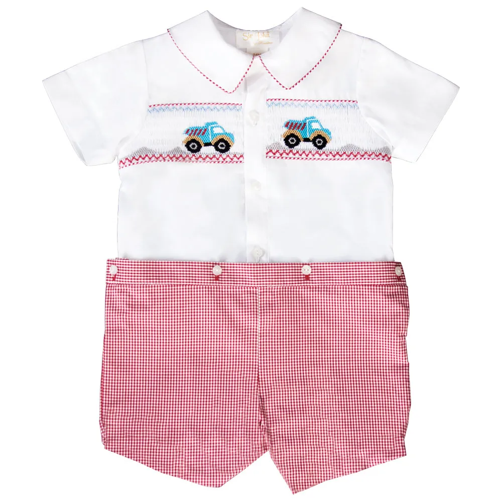 Dump Trucks Wht/Red Gingham Smocked Button-On Short Set