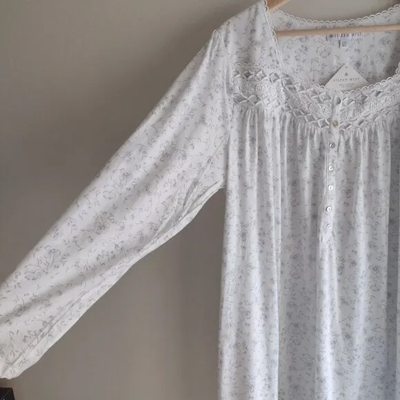 Eileen West XL White Floral Cotton Nightgown NEW Lace Trim Ruffle Hem Nightie