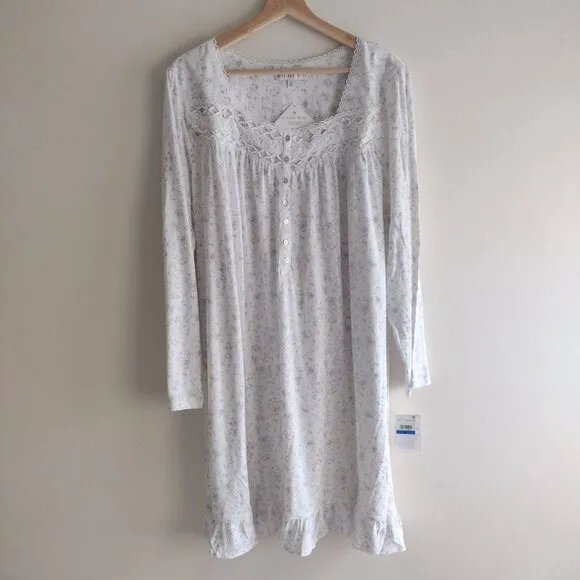 Eileen West XL White Floral Cotton Nightgown NEW Lace Trim Ruffle Hem Nightie