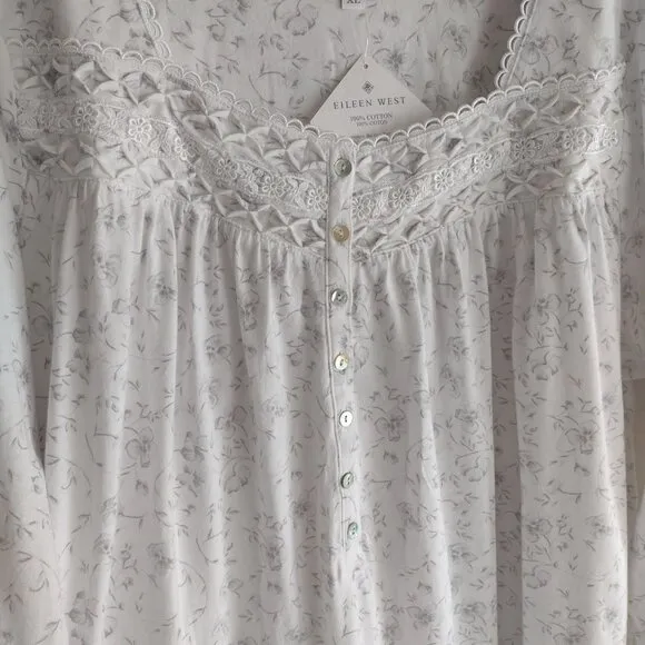 Eileen West XL White Floral Cotton Nightgown NEW Lace Trim Ruffle Hem Nightie