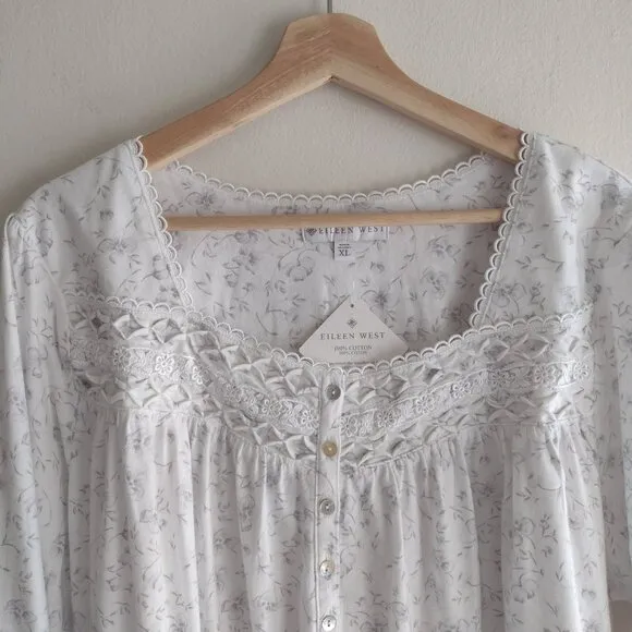 Eileen West XL White Floral Cotton Nightgown NEW Lace Trim Ruffle Hem Nightie