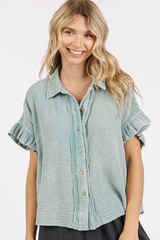 Faded Blue Mineral Washed Button Down Flounce Sleeve Shirt