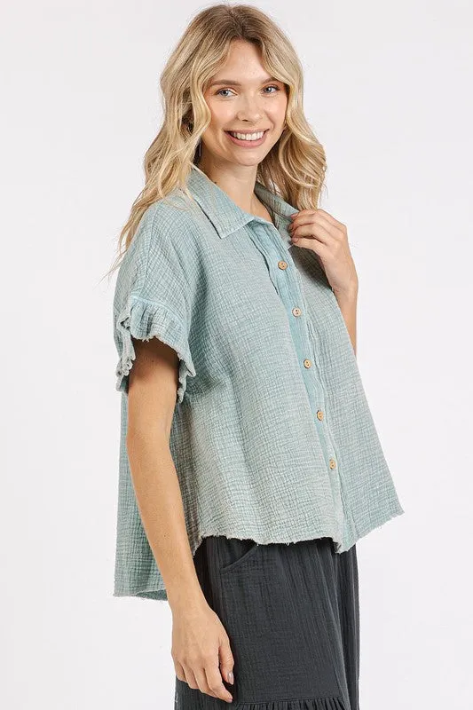 Faded Blue Mineral Washed Button Down Flounce Sleeve Shirt