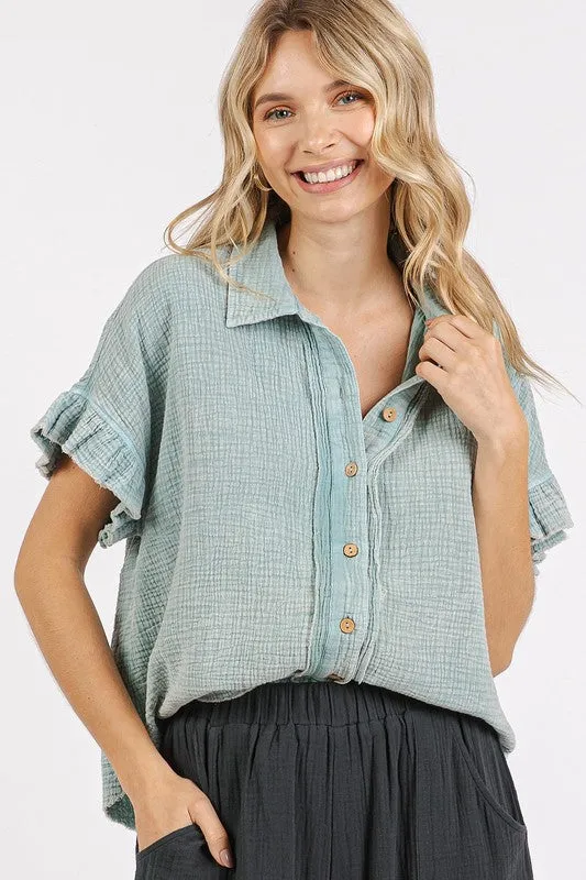 Faded Blue Mineral Washed Button Down Flounce Sleeve Shirt