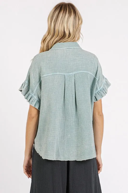 Faded Blue Mineral Washed Button Down Flounce Sleeve Shirt