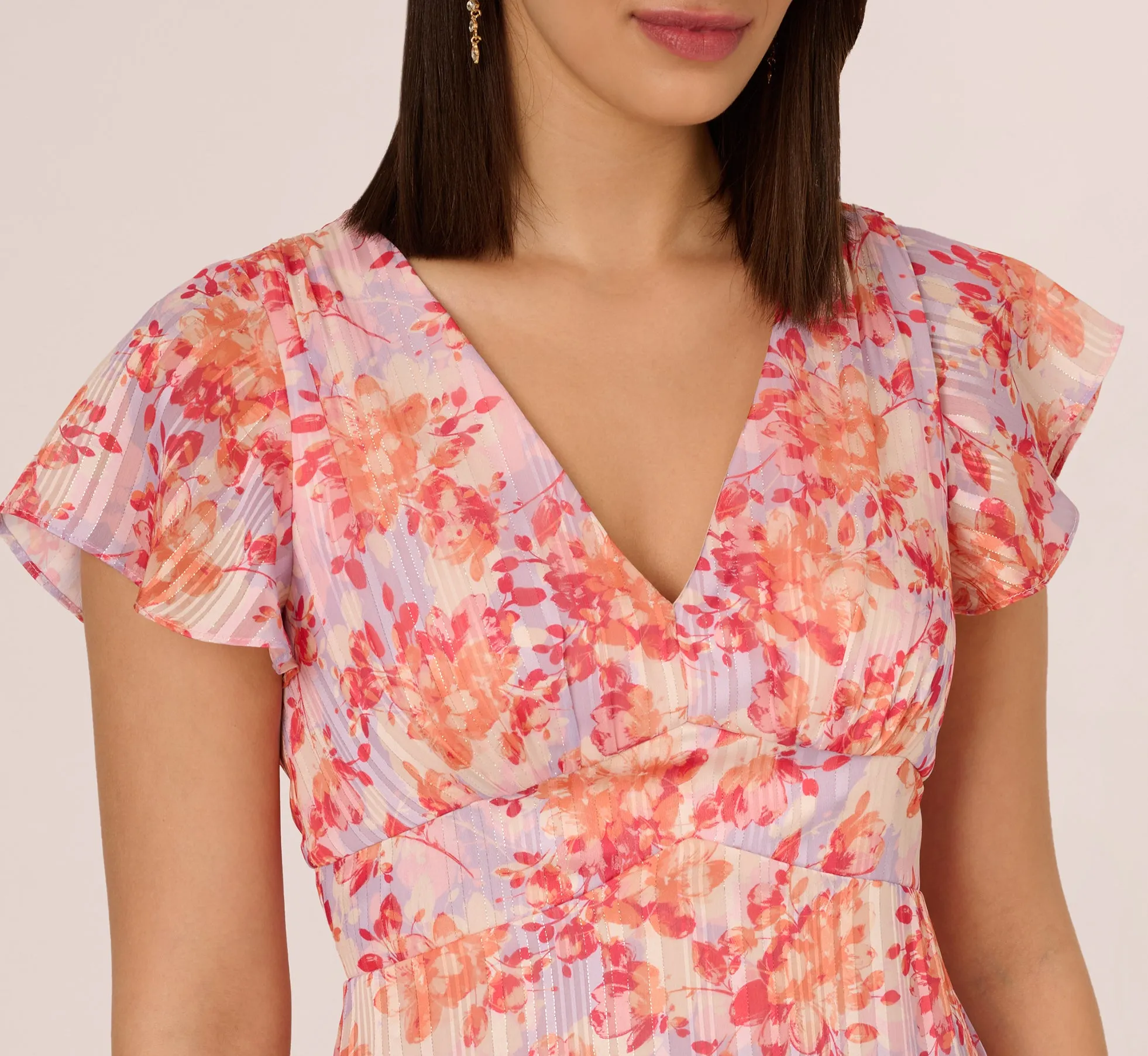 Flutter Sleeve Floral Stripe Flounce Midi Dress In Peri Coral Multi