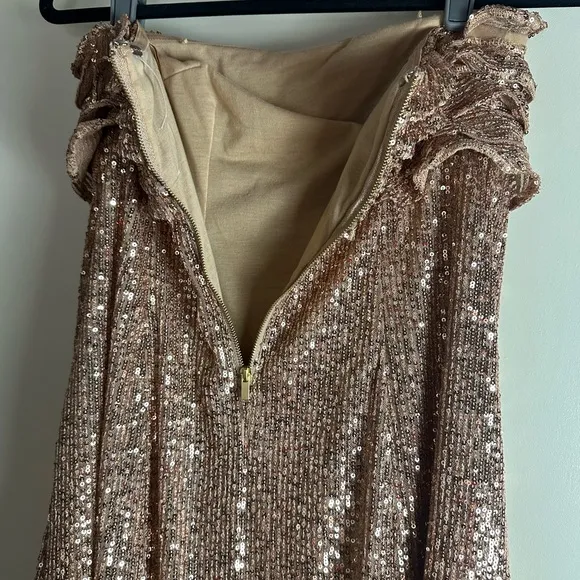 Free People Frida Sequin Ruffle Strapless Mini Dress In Bronze/Gold NWOT Size 4