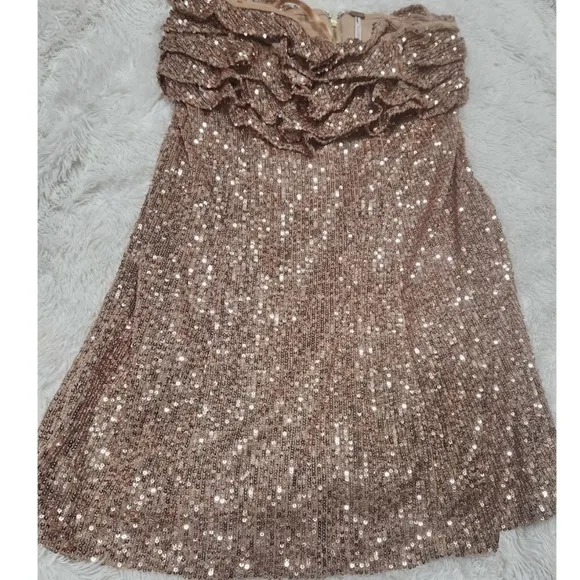 Free People Frida Sequin Ruffle Strapless Mini Dress In Bronze/Gold NWOT Size 4