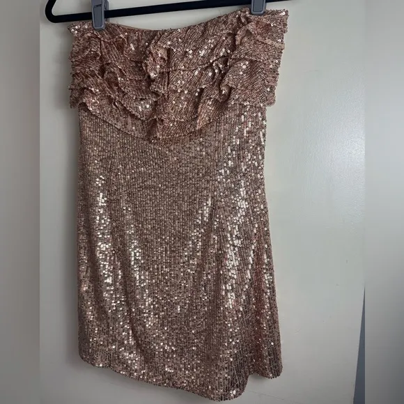 Free People Frida Sequin Ruffle Strapless Mini Dress In Bronze/Gold NWOT Size 4