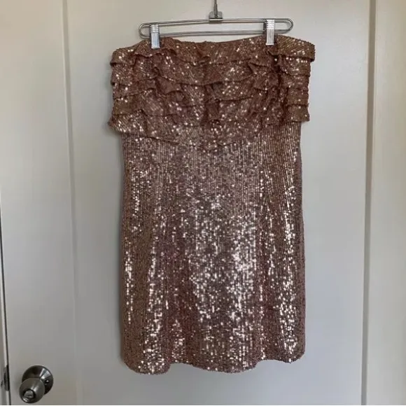 Free People Frida Sequin Ruffle Strapless Mini Dress In Bronze/Gold NWOT Size 4