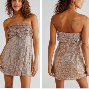 Free People Frida Sequin Ruffle Strapless Mini Dress In Bronze/Gold NWOT Size 4