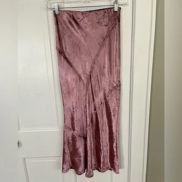 Free People Solid Serious Swagger Pink Velvet Midi Skirt S Holiday Raw Edges