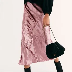 Free People Solid Serious Swagger Pink Velvet Midi Skirt S Holiday Raw Edges