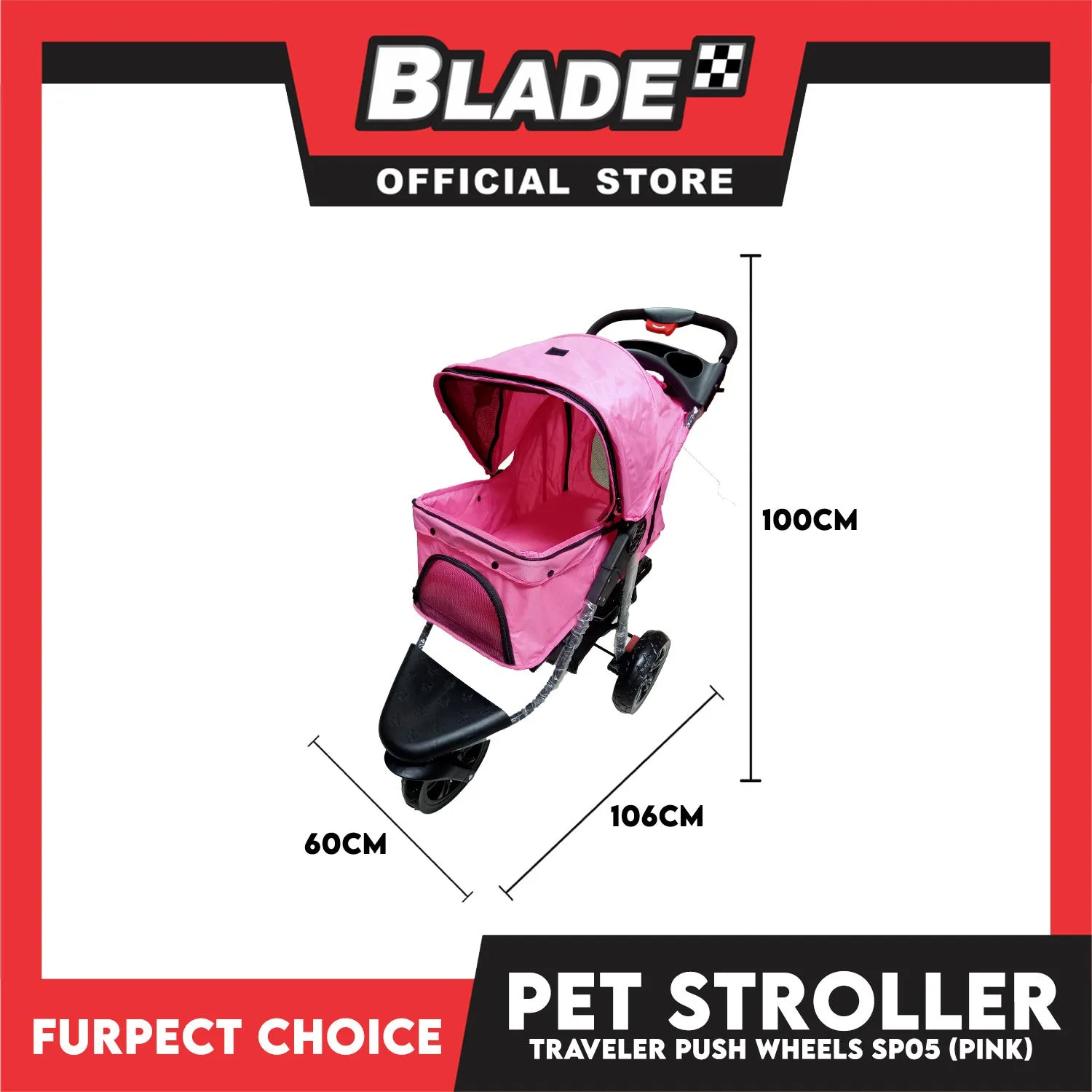 Furfect Choice Foldable 3-Wheeled Travel Stroller For Dog And Cat Accessories SP05 (Pink)