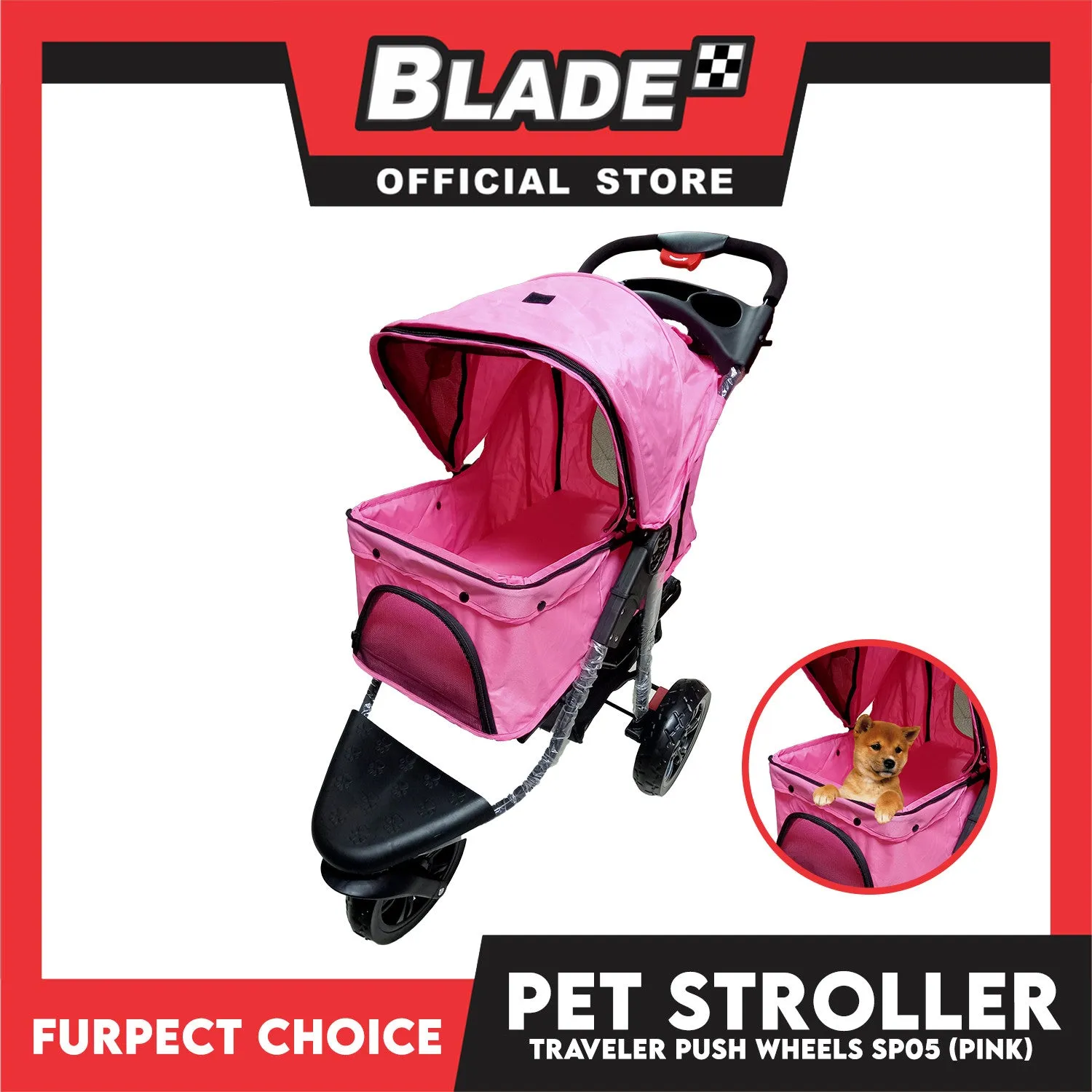 Furfect Choice Foldable 3-Wheeled Travel Stroller For Dog And Cat Accessories SP05 (Pink)