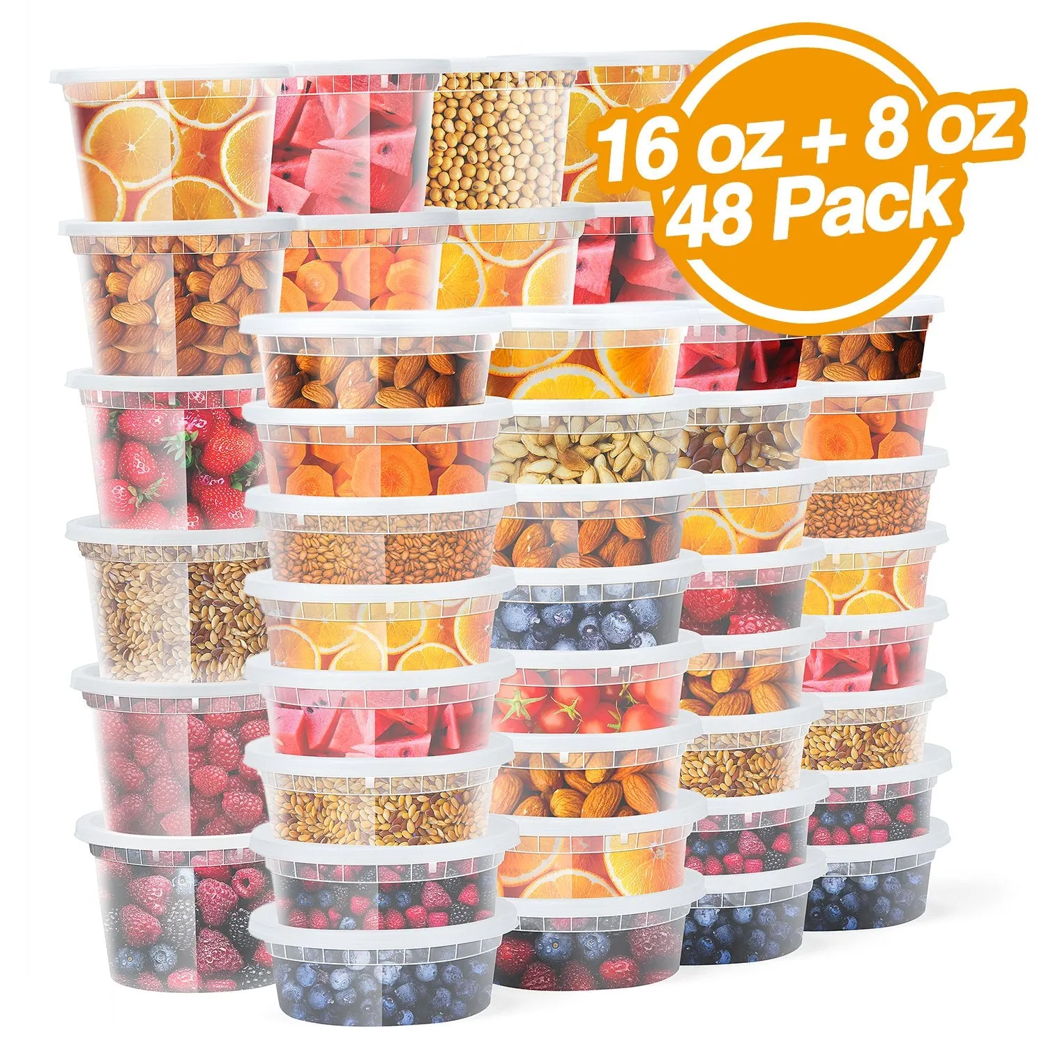 Glotoch Food Storage Containers with Lids 8oz, 16oz Freezer Deli Cups Combo Pack, 48packs,BPA-Free Leakproof Round Clear Takeout Container Meal Prep Microwavable&Dishwash Safe 48 PACKS - Mixed sizes