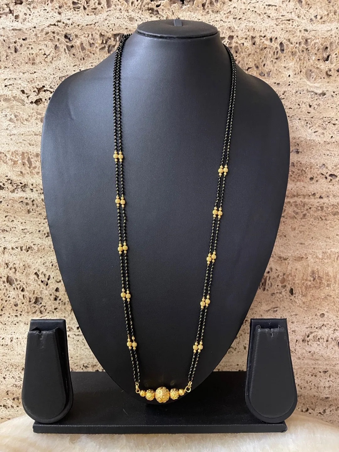 Gold Long Mangalsutra Designs With Ball Pendant In Traditional Marathi Style 2 Line Black Beads Chain
