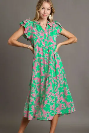 Green Floral Collared Ruffle Cap Sleeve Midi Dress