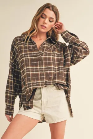 Hazel Blues® |  Aemi   Co Side Slit High-Low Plaid Long Sleeve Polo Shirt