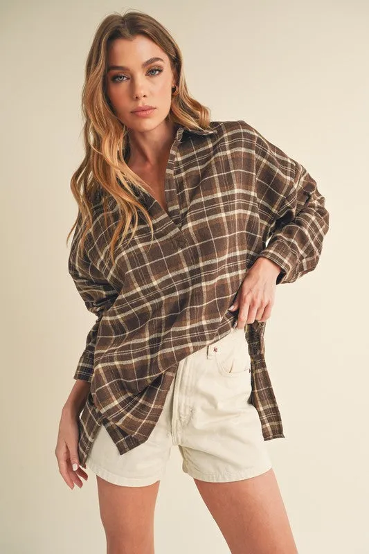 Hazel Blues® |  Aemi   Co Side Slit High-Low Plaid Long Sleeve Polo Shirt