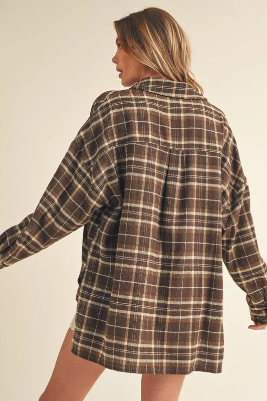 Hazel Blues® |  Aemi   Co Side Slit High-Low Plaid Long Sleeve Polo Shirt
