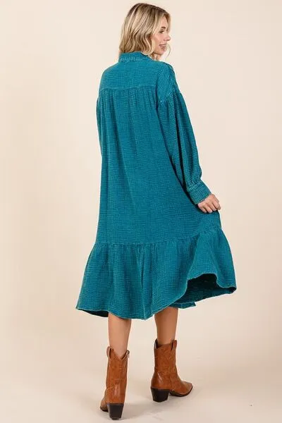 Hazel Blues® |  Mittoshop Mineral Wash Cotton Gauze Ruffle Midi Shirt Dress