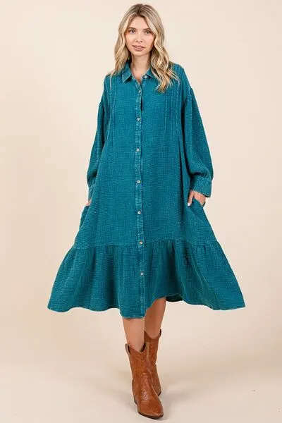 Hazel Blues® |  Mittoshop Mineral Wash Cotton Gauze Ruffle Midi Shirt Dress
