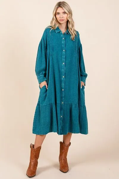 Hazel Blues® |  Mittoshop Mineral Wash Cotton Gauze Ruffle Midi Shirt Dress