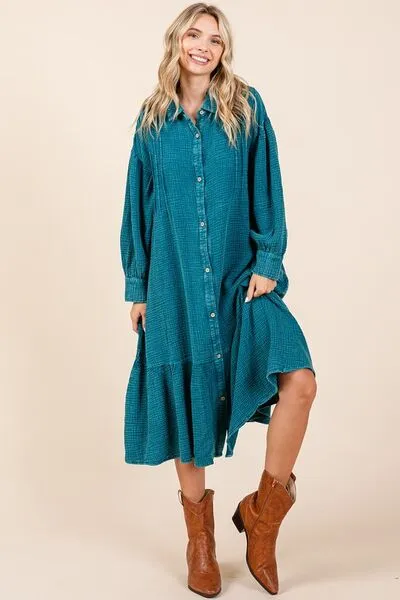 Hazel Blues® |  Mittoshop Mineral Wash Cotton Gauze Ruffle Midi Shirt Dress