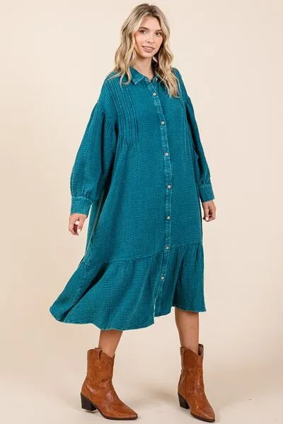 Hazel Blues® |  Mittoshop Mineral Wash Cotton Gauze Ruffle Midi Shirt Dress