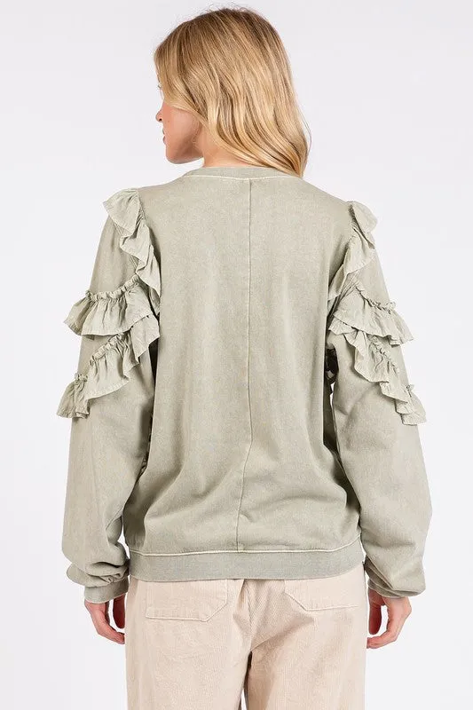 Hazel Blues® |  Mittoshop Ruffled Mineral Washed Round Neck Long Sleeve Sweatshirt