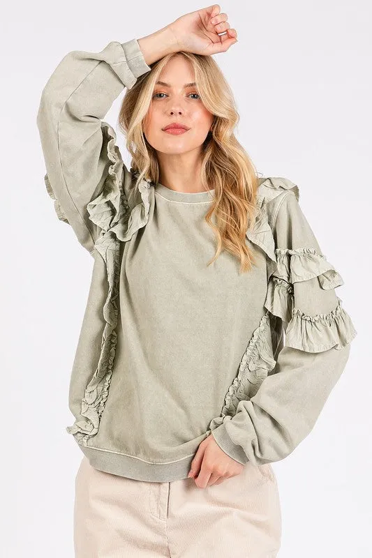 Hazel Blues® |  Mittoshop Ruffled Mineral Washed Round Neck Long Sleeve Sweatshirt