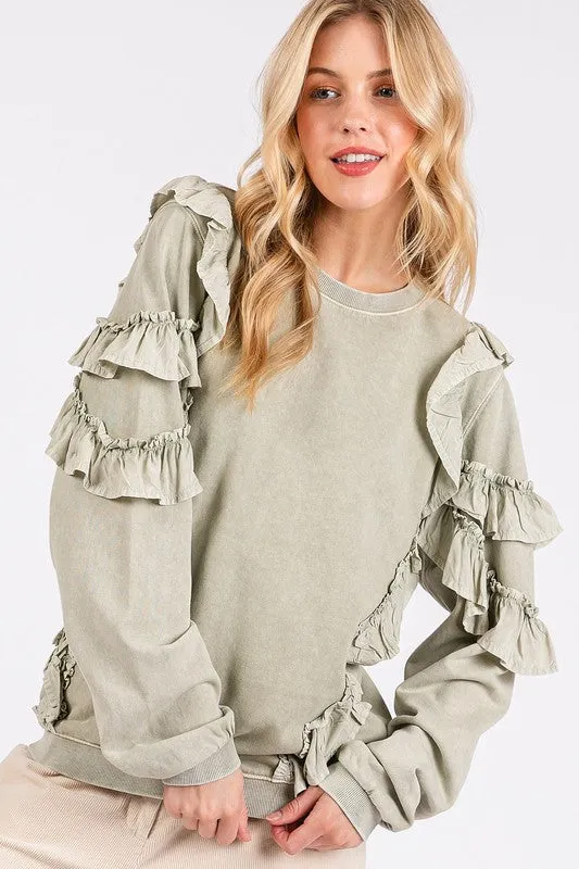 Hazel Blues® |  Mittoshop Ruffled Mineral Washed Round Neck Long Sleeve Sweatshirt