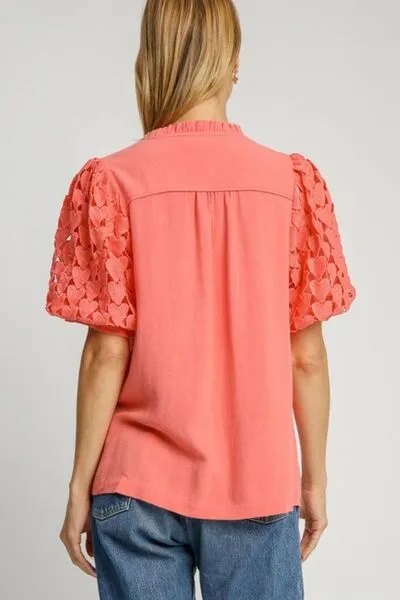 Hazel Blues® | Umgee Heart Lace Sleeve Ruffle Collar Top