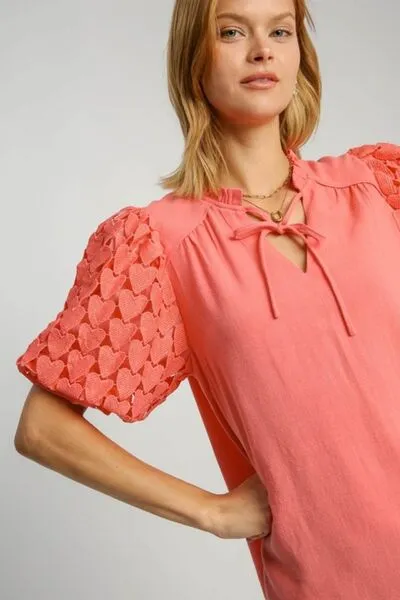 Hazel Blues® | Umgee Heart Lace Sleeve Ruffle Collar Top