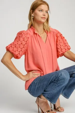 Hazel Blues® | Umgee Heart Lace Sleeve Ruffle Collar Top